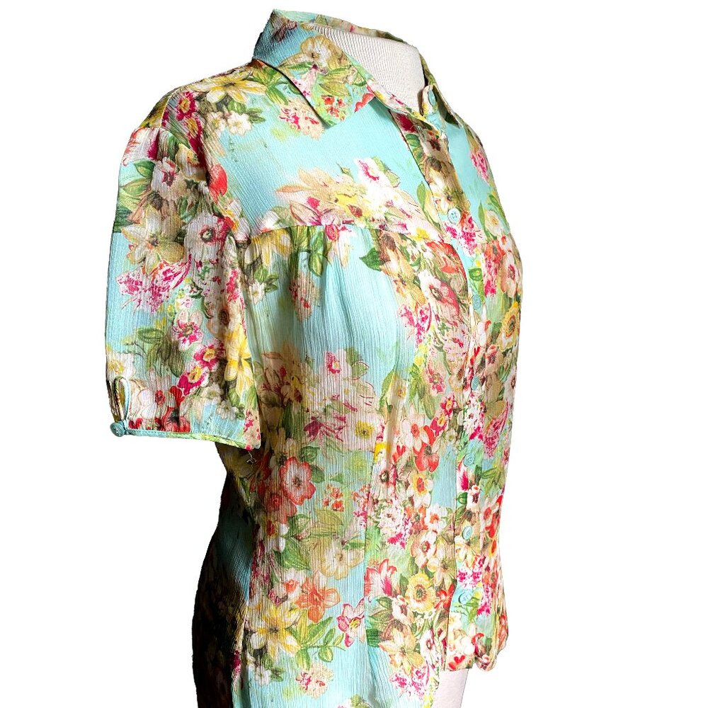 Silk Button-down Short Puff Sleeves Floral Blouse Aqua 6